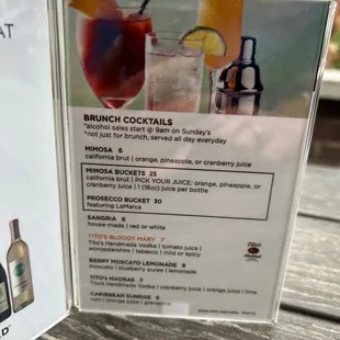 Brunch cocktails menu