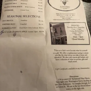 Wine list menu