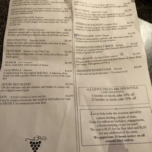 Wine list menu