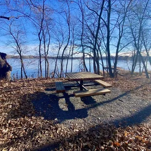 A picnic table looking over the lake area.