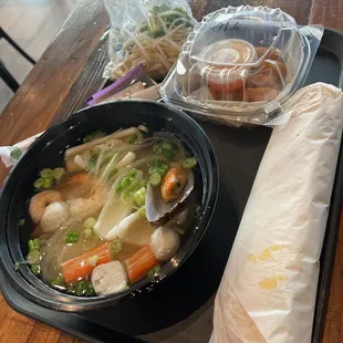 Seafood pho, mozzarella sticks and chicken teriyaki sub