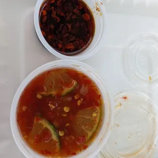 Freshly made Prik nam pla and chili oil. Both excellent!
