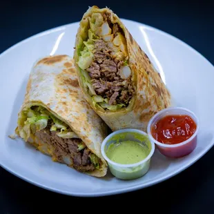 a burrito with a side of ketchup