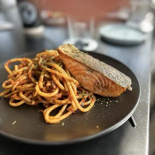 Salmon and spaghetti puttanesca