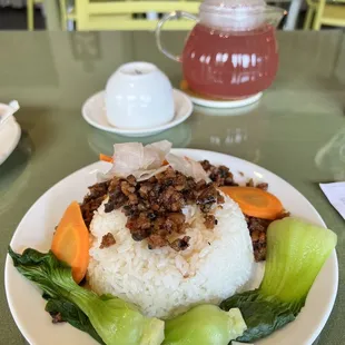 Mushroom and vegetarian ham rice with lavender tea