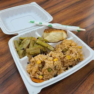 4-26-23: 2 choice $11.00. Vegetarian fried rice, bitter melon w/black bean sauce, vegetable cake - yum