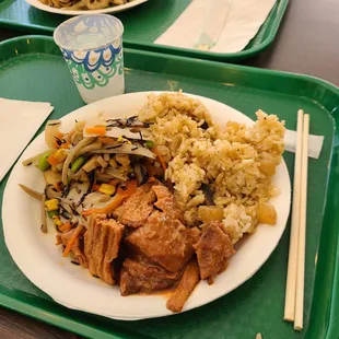 2-choice plate (+ 1 starch) for $11.00.  Really tasty and been here 3x - never disappointed!