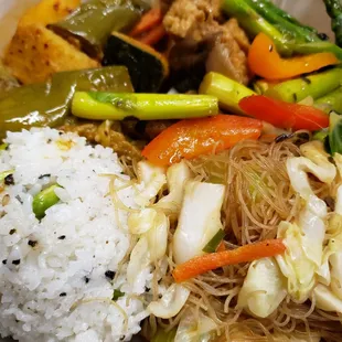 rice, fried noodles, vegetable curry, tofu stir fry