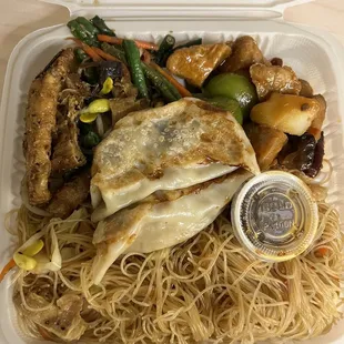 Thursday lunch. Fried noodle, pot stickers, bean curd with vegetables, &amp; sweet sour chicken. Everything is good.