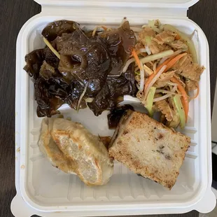 Some of Tuesday selections. Top left - black fungus. Bottom left - vegetarian potstickers. Yum!