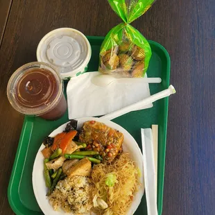 Two item w soup. Plum drink and cookies. My favorites. Total $23. Half long rice / half rice ( included), bean curd and mixed vegetables.