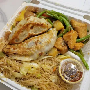 Fried rice noodle w/ potstickers, sweet sour &apos;meat, veggies with tofu and some kinda meat substitute