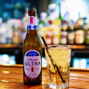 a beer and a glass