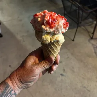 Double Scoop with salted caramel and strawberry cheesecake.
