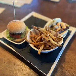 Waygu Truffle Slider, Pork Belly Bao Bun, and fries