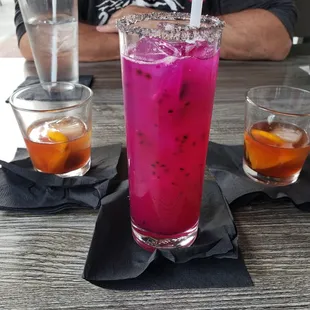 Dragonfruit Jalapeño Rita with black lava salt and twofers on Old Fashioneds