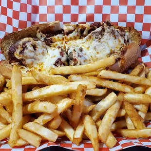 Meatball Sandwich, fries and sassy sauce. Delicious!!!