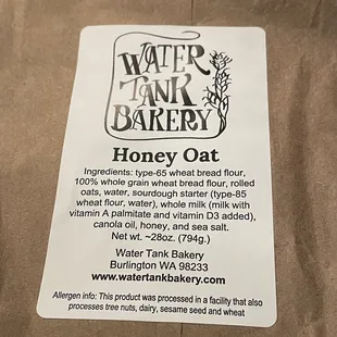 the label on the bag of honey oat