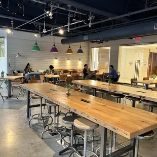 tables and stools in a coffee shop
