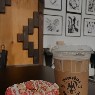 Berry crumble donut. Cold brew with vanilla sweet foam.