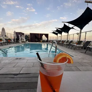 Aperol Spritz in a plastic cup.  Brought to the rooftop bar.