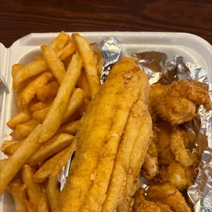 Flounder, shrimp and fries.