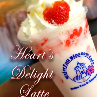 February Special - Heart&apos;s Delight Latte with Heart Shaped Jellies, also available in a Frappe.