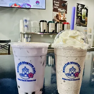 Taro milk tea w/ boba and Cookies and Cream Frappe