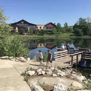 Lake fishing dock with Bass Pro in the background.