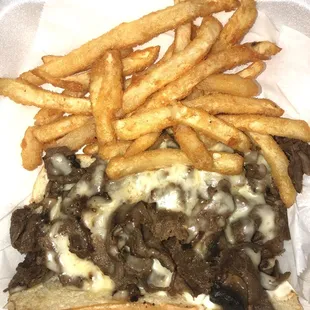 Juicy extra beef w/mushrooms (no onions &amp; no peppers) philly sandwich w/fries