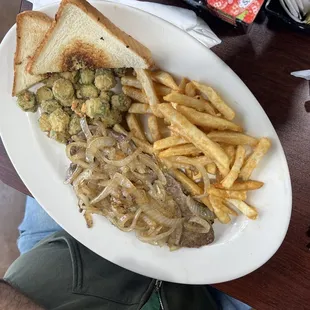 Liver and onions with okra &amp; fries