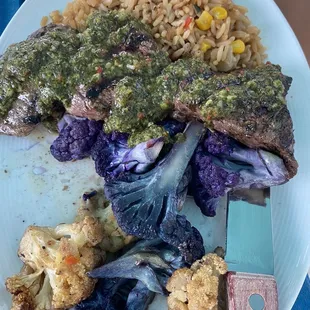 Steak, rainbow cauliflower and fried rice