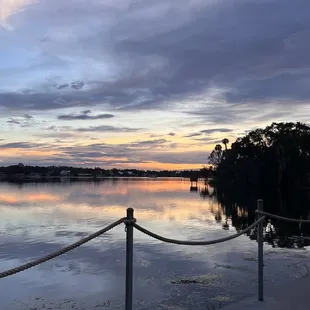 The sunset over the water.