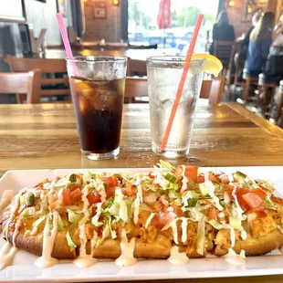 a plate of food and a drink