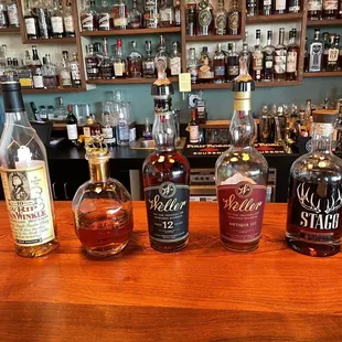 Old Rip Van Winkle 10, Blanton's Gold, Weller 12x Weller Antique 107, and Stagg. We tasted all of these at very reasonable prices.