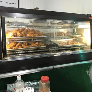 a display case of baked goods
