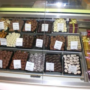 a display of chocolates and pastries