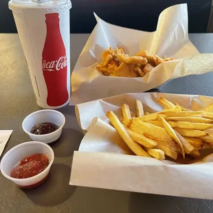 Fries catfish filets, fries, Coke.