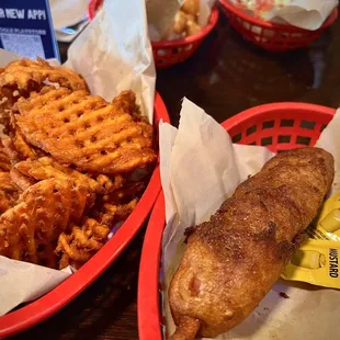 Corn Dog, Sweet Potato Waffle Fries