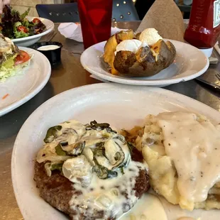 Chopped Steak, Mashed Potatoes, Baked Potato, Burger (Without Bun), Side Salad.   ((Loaded Spud Mushroom Swiss))