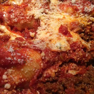 Stuffed shells with meat sauce is good enough for two. 4 shells only with a lot of meat sauce