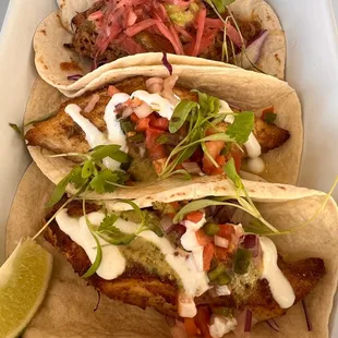 Fish tacos and pulled pork tacos. The pulled pork was incredible!