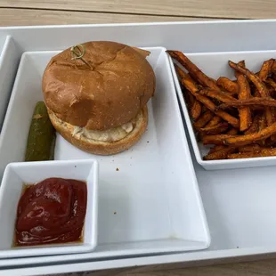 Fish sandwich and sweet potato fries