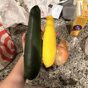 Zucchini, yellow squash, and an onion purchased at the market