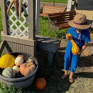 a child in a bucket of pumpkins