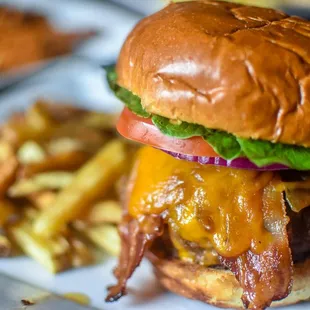 a cheeseburger and fries