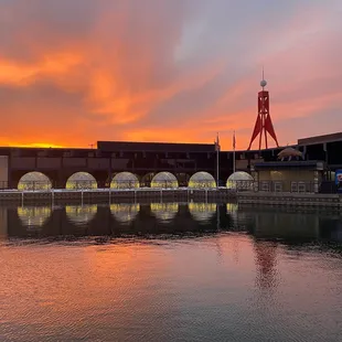 a view of a sunset over a marina