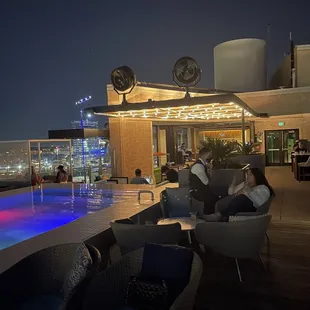 people sitting by a swimming pool at night