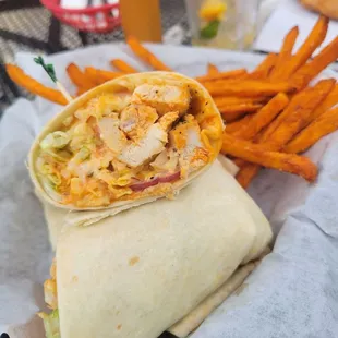 Buffalo Chicken wrap with sweet potato fries