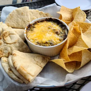Spinach Artichoke Dip with chips &amp; pita bread!